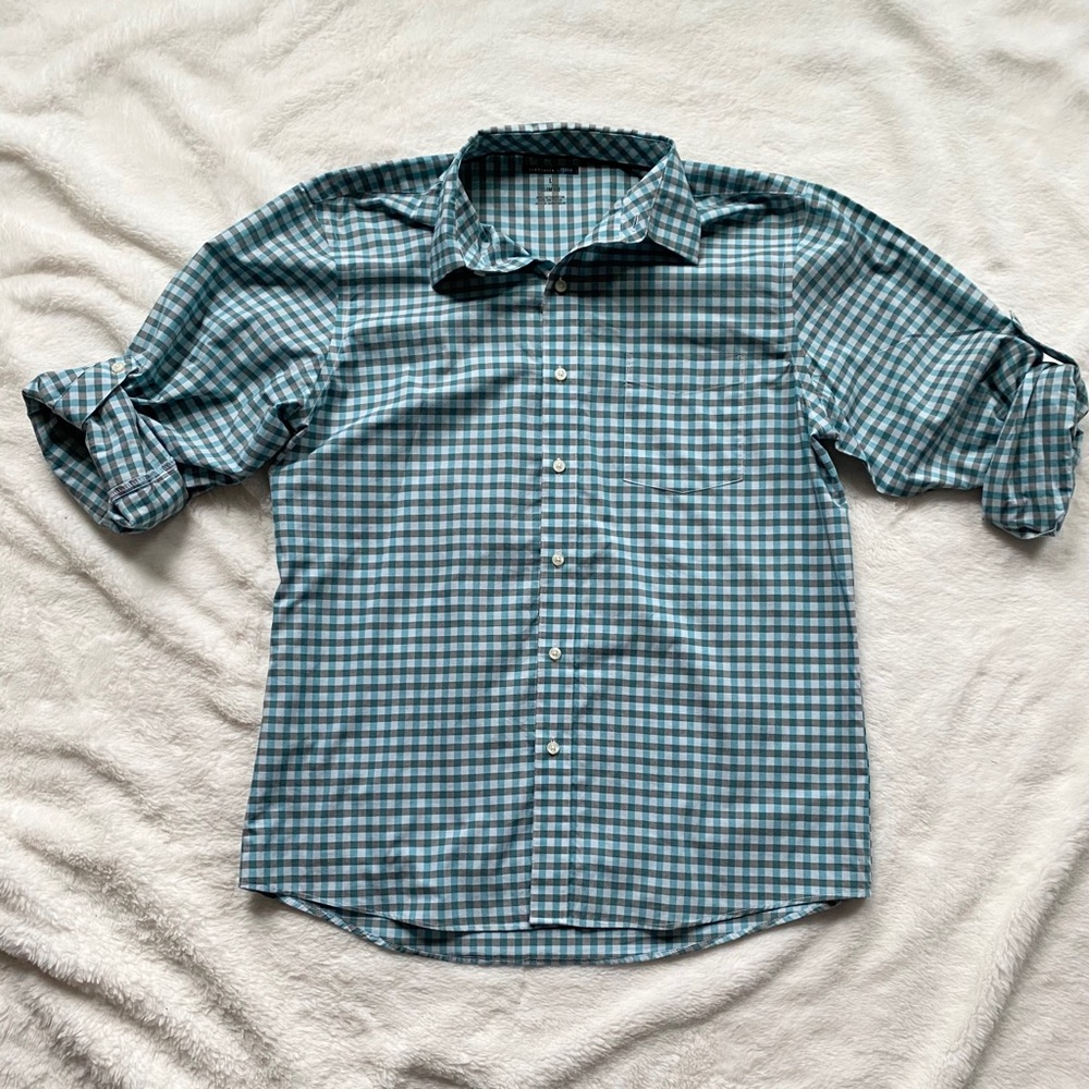 Van Heusen Men’s Slim Fit Plaid Convertible Sleeve Shirt Blue Size Large
